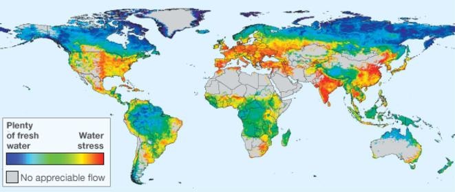 World map showing water stress levels by region — blue for fresh water, red for water stress